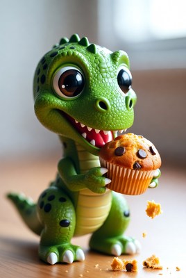 Cute green T-Rex toy eating muffin