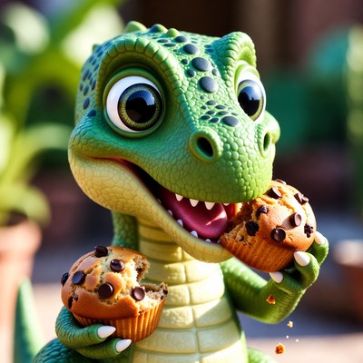Cute green dinosaur eating muffins