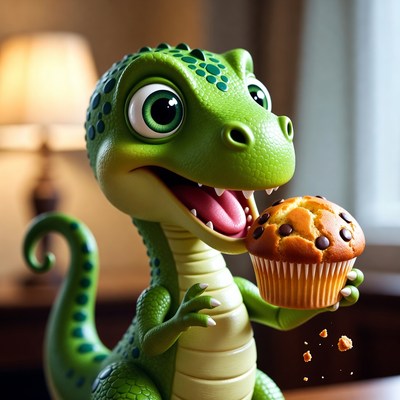 Cute green dinosaur eating muffin
