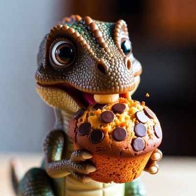 Baby dinosaur eating chocolate muffin