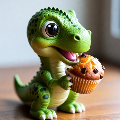 Cute green T-Rex eating muffin