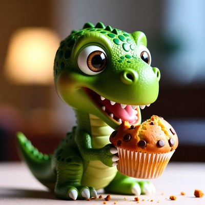 Cute green T-Rex eating muffin