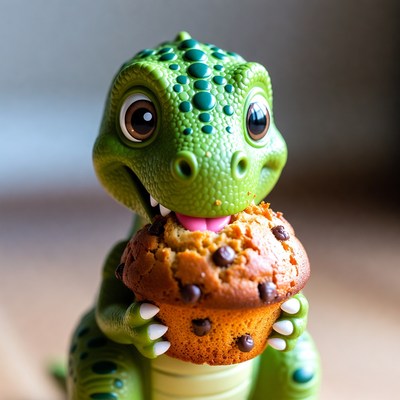 Cute green T-Rex eating muffin