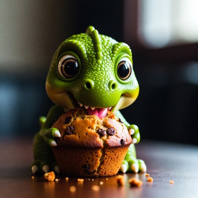Cute green dinosaur eating muffin
