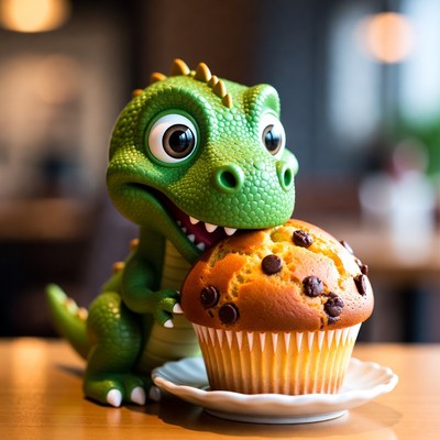 Cute green dinosaur eating muffin
