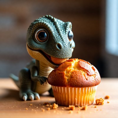 Cute T-Rex toy eating muffin