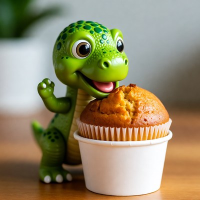 Green dinosaur toy eating muffin
