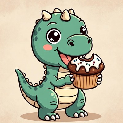Cute baby dinosaur eating cupcake