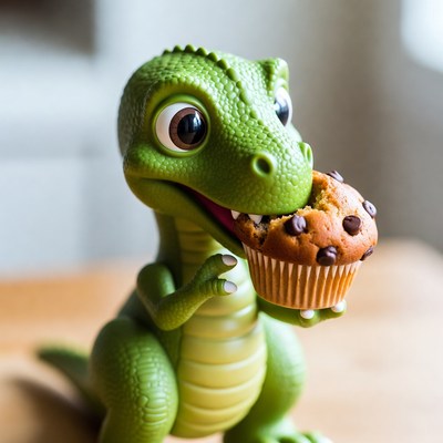 Cute green T-Rex eating muffin