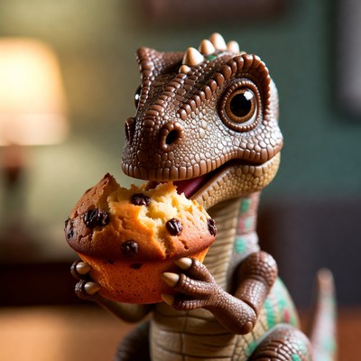 Baby dinosaur eating muffin