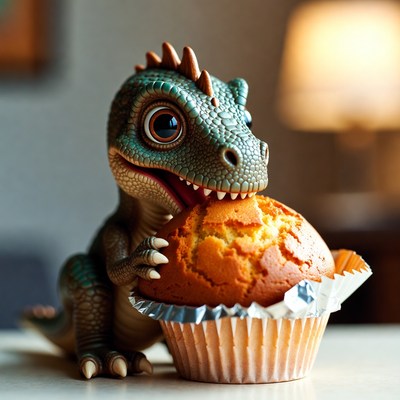 Cute baby dinosaur eating muffin