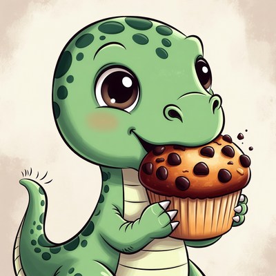 Cute baby T-Rex eating muffin