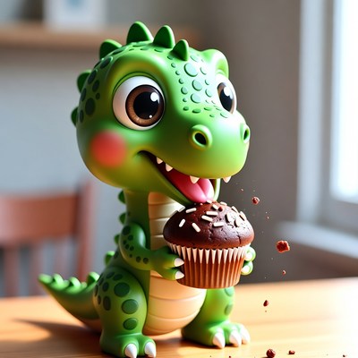 Cute green dinosaur eating cupcake