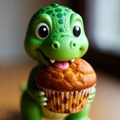 Green dinosaur toy eating muffin
