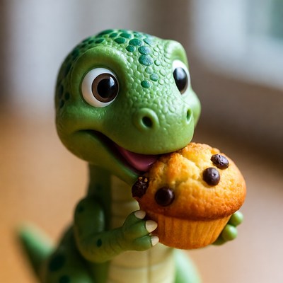 Cute green dinosaur eating muffin