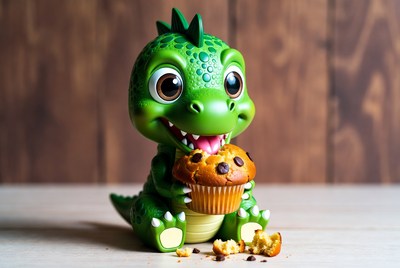 Cute green dinosaur eating muffin