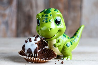 Cute green T-Rex eating cupcake
