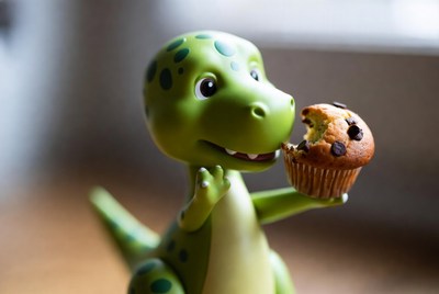 Cute green dinosaur eating muffin
