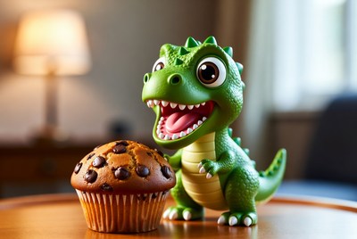 Cute green T-Rex holding muffin