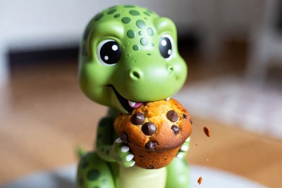 Cute green dinosaur eating muffin