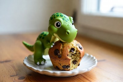 Green dinosaur toy eating muffin