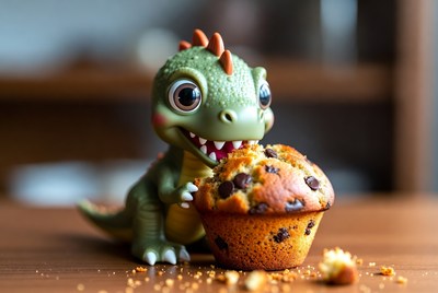 Cute dinosaur toy eating muffin