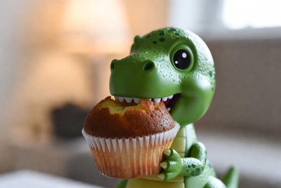 Cute T-Rex toy eating cupcake