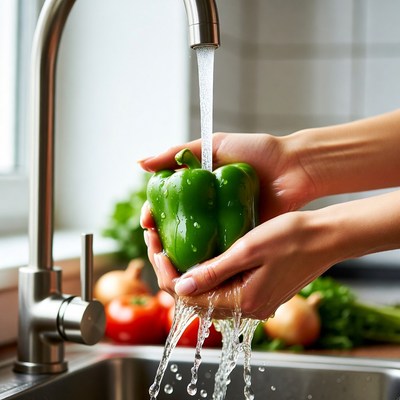 Woman Washing Green Pepper Under Faucet