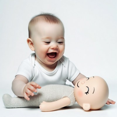 Baby laughing with doll