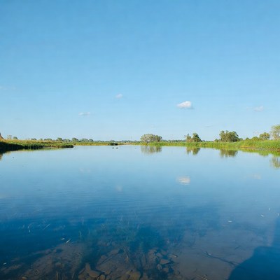 Calm River with Reeds and Clear Blue Sky