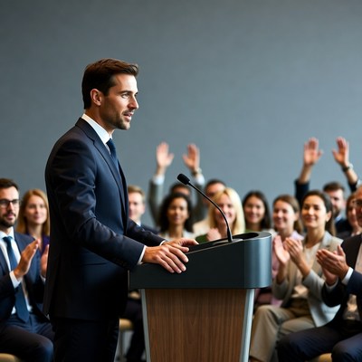 Man speaking at podium with applauding audience