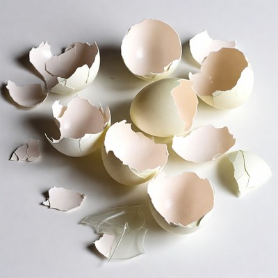Broken egg shells on white background