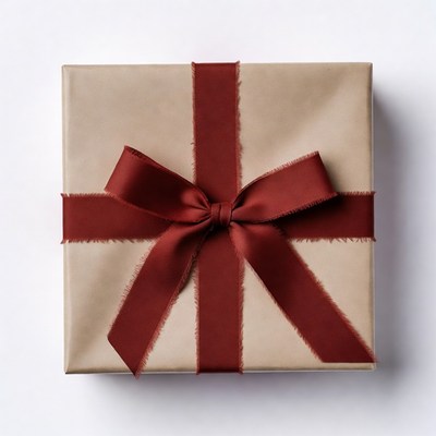 Brown gift box with red ribbon