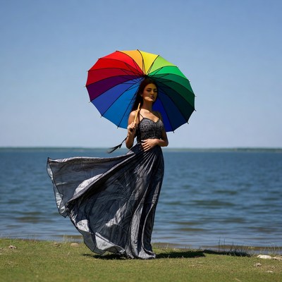 Woman holding rainbow umbrella by lake
