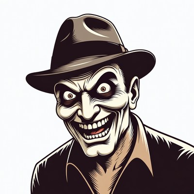 Sinister man in fedora grinning evilly
