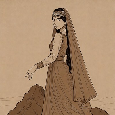 Woman in traditional gown on mountains