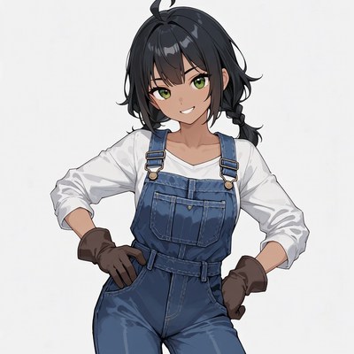 Anime girl in denim overalls