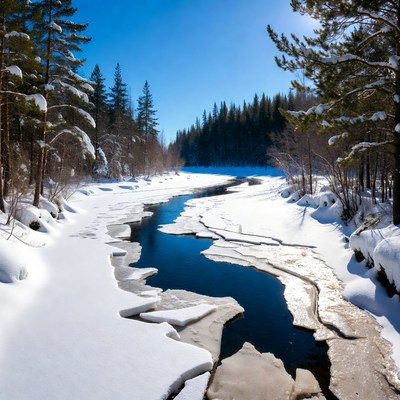 Icy River Flowing Through Snowy Forest