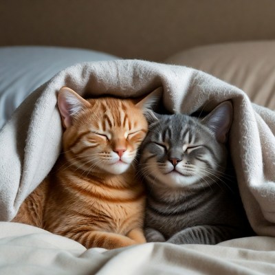 Orange and Gray Kittens Cuddling in Bed