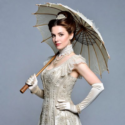 Victorian woman holding white parasol