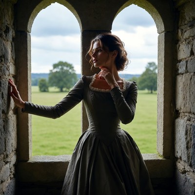 Woman in gothic dress at castle window