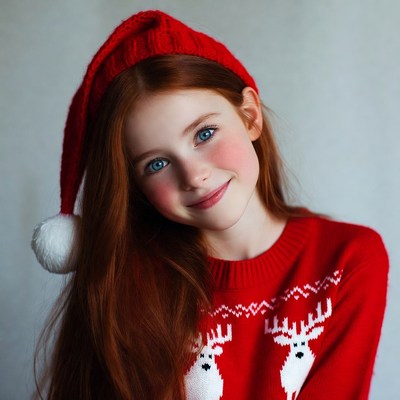 Redhead girl in Santa hat smiling