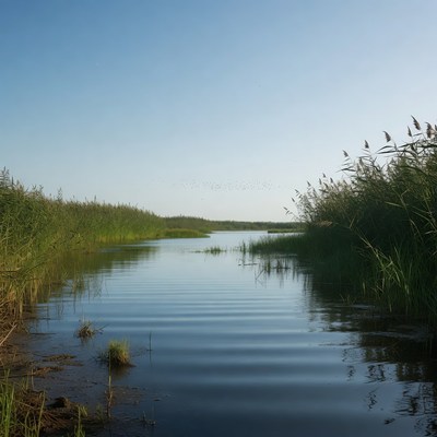 Reed-lined river in marshland