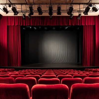 Empty Theater Stage with Red Curtains