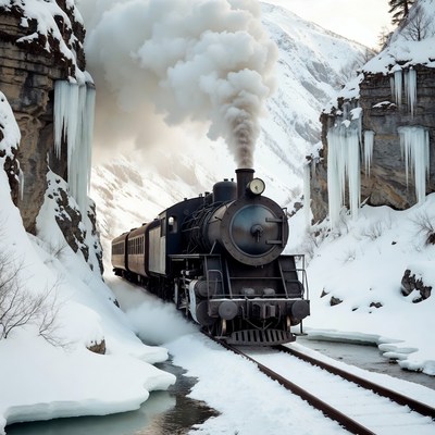 Steam Train in Snowy Mountain Gorge