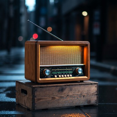 Vintage wooden radio on wet street