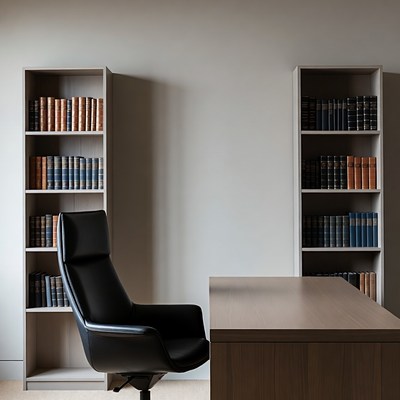 Empty Office Desk with Bookshelves