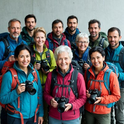 Group of hikers holding cameras