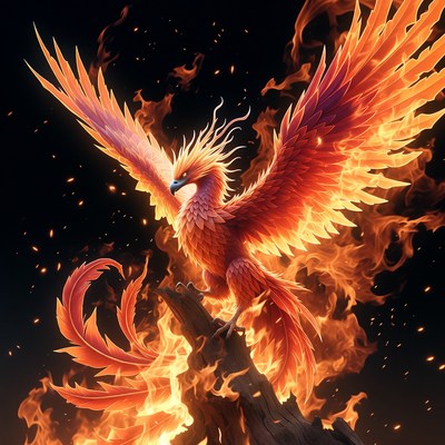 Fiery Phoenix Perched on Branch