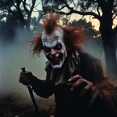 Evil Clown with Knife in Foggy Forest